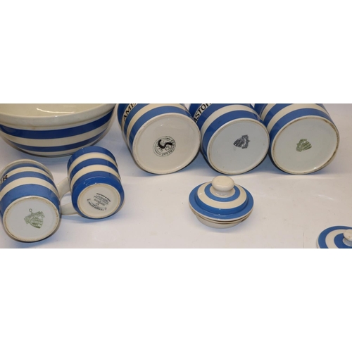 754 - Group of T.G. Green blue and white striped Cornishware kitchen items, comprising a mixing bowl, plat... 