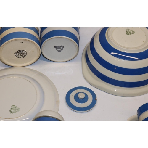 754 - Group of T.G. Green blue and white striped Cornishware kitchen items, comprising a mixing bowl, plat... 