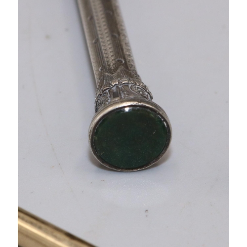 763 - C19th Sampson Mordan silver propelling pencil, the detachable top with inset bloodstone pane, L8.5m;... 