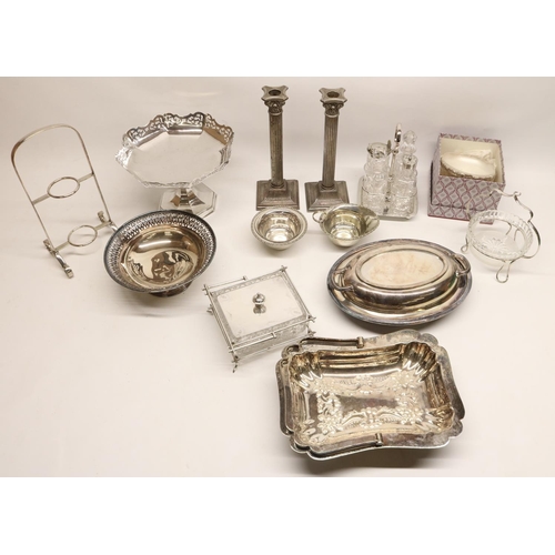 766 - Two boxes of EPNS items incl. candlesticks, Walker & Hall dish with pierced edge, other dishes, etc.