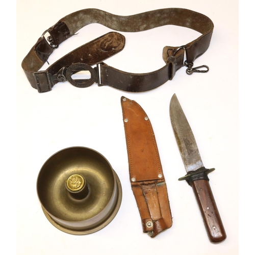 772 - William Rodgers of Sheffield 'I Cut My Way' knife with wood handle; leather Scout belt with buckle m... 