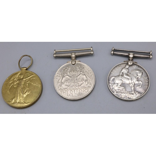 772B - Two standard issue WWI medals for 33745 Pte. Anderson K.S.L.I., and a WWII Defence Medal (3)