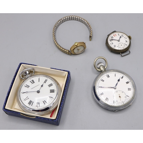 872 - Swiss silver trench wristwatch, white enamel Arabic dial with red 12 and subsidiary seconds, three p... 