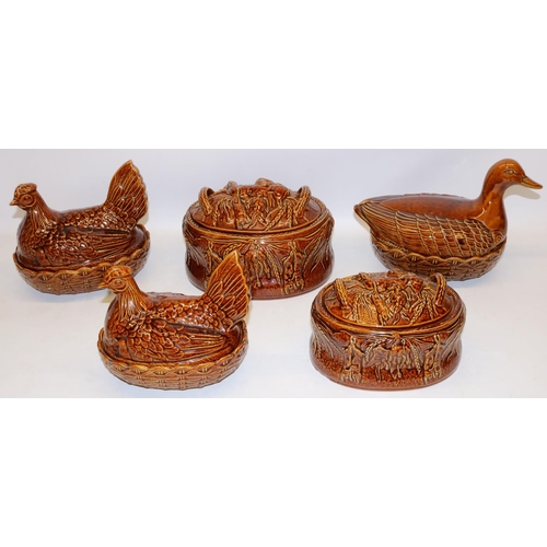 890 - Portmeirion: two casserole pots and covers, two chicken egg holders, and a duck egg holder (5)