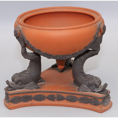 891 - Wedgwood Rosso Antico pastille burner, tripod base with dolphin supports, lacking cover, H8.5cm