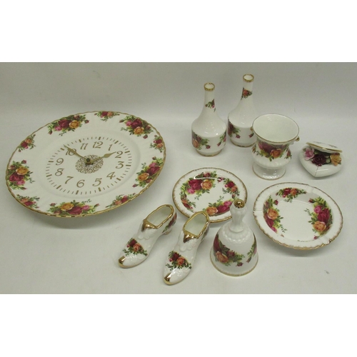 266 - Royal Albert Old Country Roses - Two flower posies, 2 shoes, bell, wall plate clock, mini urn, pin d... 