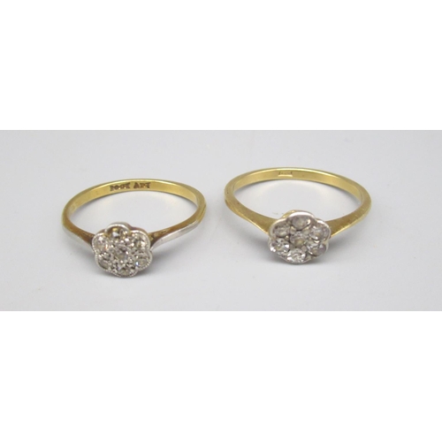 685 - 18ct yellow gold and diamond cluster ring, stamped 18ct, size P1/2, and a similar 18ct, platinum and... 