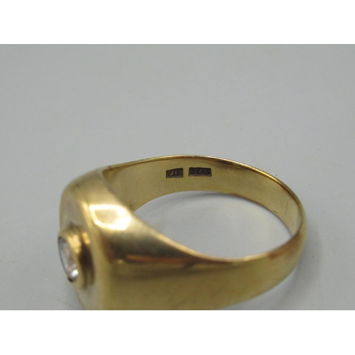 7 - 9ct yellow gold signet ring, the oval face set with clear stone, size U1/2, stamped 375, 9.0g