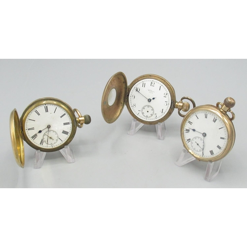 609 - Waltham rolled gold keyless open face pocket watch, white enamel dial with subsidiary seconds, Denni... 