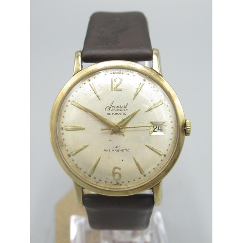 611 - Accurist gold automatic wristwatch with date, signed silvered dial with applied Arabic and baton hou... 