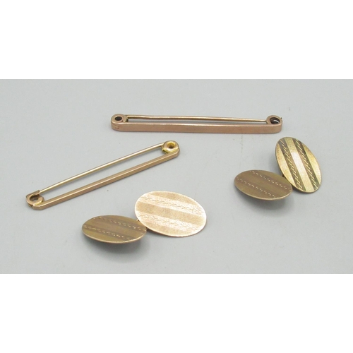 672 - Pair of 9ct gold bright cut oval chain link cufflinks, Birmingham 1924 and two 9ct gold tie pins, gr... 