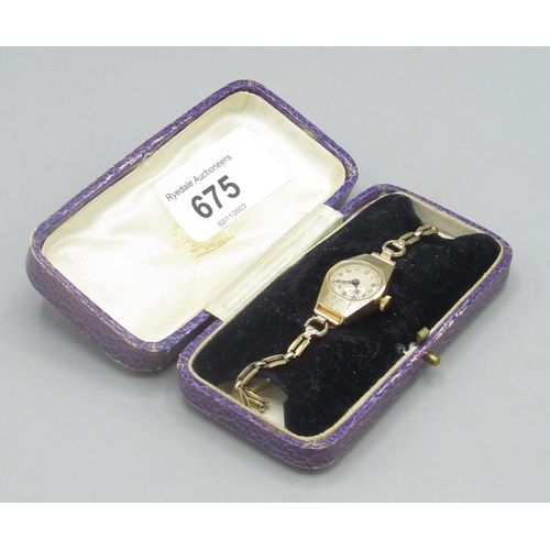 675 - Swiss - ladies Art Deco period gold hand wound cocktail wristwatch, silvered dial, two piece case wi... 