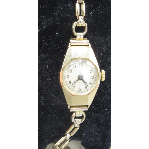 675 - Swiss - ladies Art Deco period gold hand wound cocktail wristwatch, silvered dial, two piece case wi... 