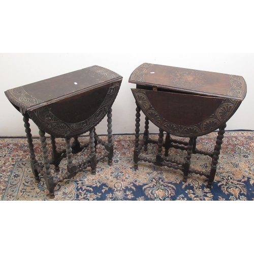 717 - Two C20th carved oak gateleg tables on bobbin turned supports, W66cm H90cm H68cm max (2)