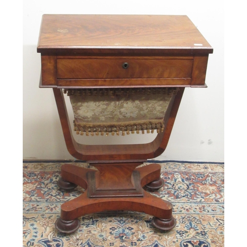 720 - Victorian mahogany sewing table with drawer and work bag on shaped support and square base on bun fe... 