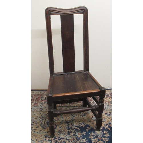 722 - C18th oak backstool, solid splat and seat on turned and block supports with stretchers