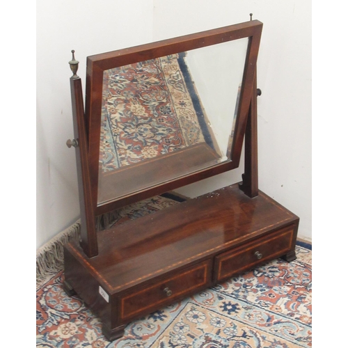 723 - Edwardian Sheraton style satinwood banded mahogany toilet mirror with bevelled plate and brass urn f... 