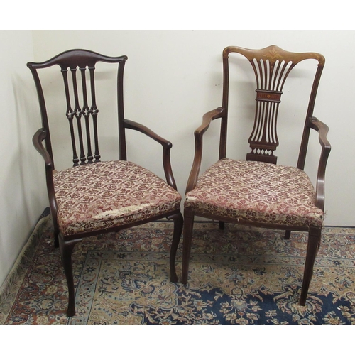 725 - Edwardian satinwood inlaid mahogany open arm chair with pierced splat and square tapered legs and a ... 