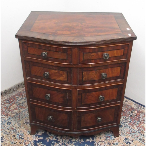 728 - Small Chippendale style mahogany crossbanded bow front chest of four drawers with brass drum handles... 