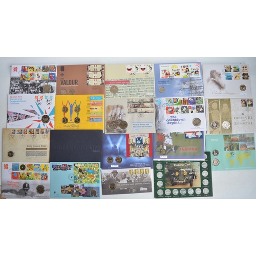 670 - Collection of Royal Mint/Royal Mail FDC's with commemorative coins, incl. 3 albums with 40 covers, 1... 