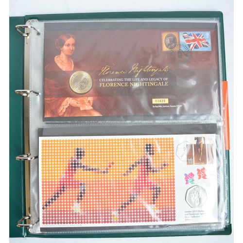 670 - Collection of Royal Mint/Royal Mail FDC's with commemorative coins, incl. 3 albums with 40 covers, 1... 