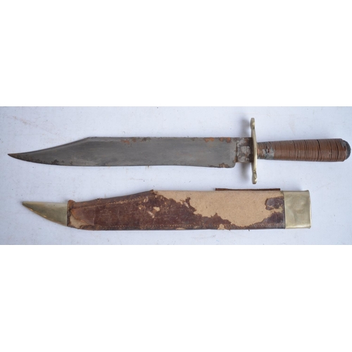 694 - Victorian era cast steel knife with scabbard, stamped with VR crown with later added wound copper wi... 