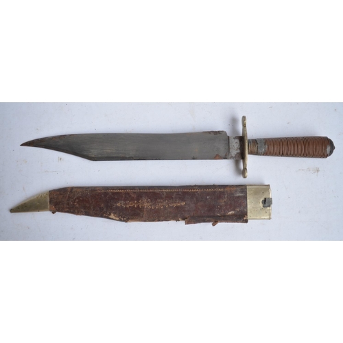 694 - Victorian era cast steel knife with scabbard, stamped with VR crown with later added wound copper wi... 