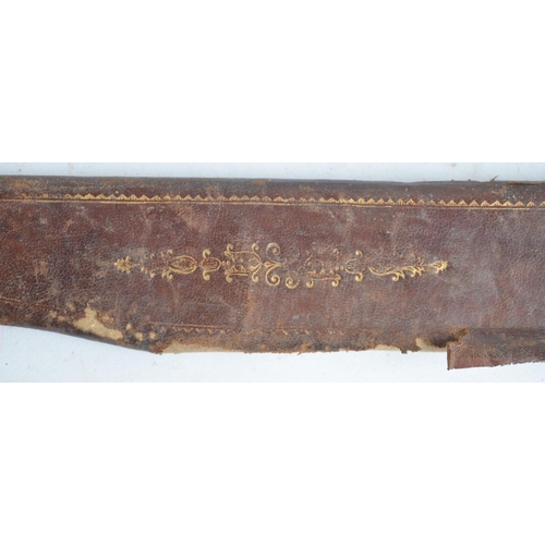 694 - Victorian era cast steel knife with scabbard, stamped with VR crown with later added wound copper wi... 