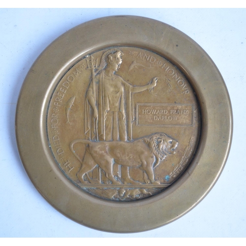 697 - World War 1 Death Penny for Howard Frank Darlow, in a heavy duty brass wall mount