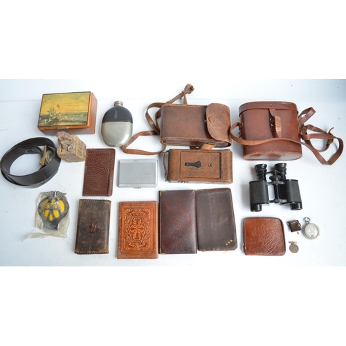 700 - Pair of vintage Jules Huet binoculars with cowhide case, a camera by Ensign, a glass, steel and half... 