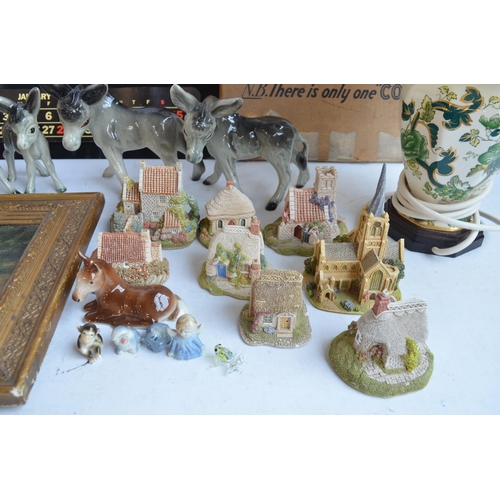 708 - Mixed collection to include 8 Lilliput Lane models, ceramic donkeys, a framed painting of chickens, ... 