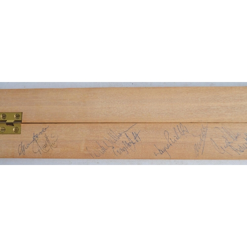 709 - Signed 2003 Leicestershire County Cricket Squad bat to include P. DeFreitas etc, a novelty hinged cr... 