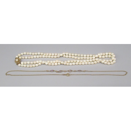 131 - Double row pearl necklace, with 9ct yellow gold flower head clasp, L41cm, stamped 9ct, and a 9ct yel... 