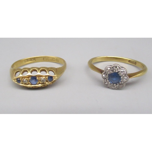 132 - 18ct yellow gold diamond and sapphire cluster ring, stamped, size L1/2, and another 18ct yellow gold... 