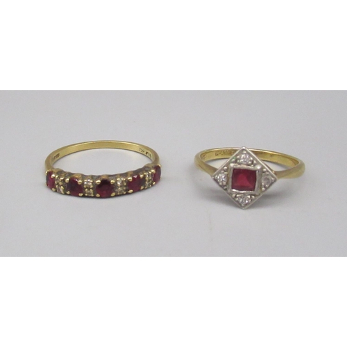 133 - 18ct yellow gold five ruby and diamond ring, size O1/2, and an 18ct yellow gold red stone and diamon... 