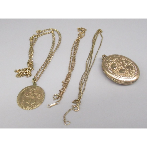 690 - 9ct yellow Gold St Christopher pendant on 9ct yellow gold chain, both stamped 375, and a yellow meta... 