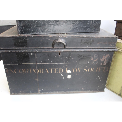 787 - Set of metal/deed boxes of various sizes, some named (7)