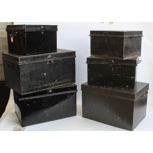 788 - Large metal trunk, six deed boxes and two Cathedral safe boxes with keys (9)