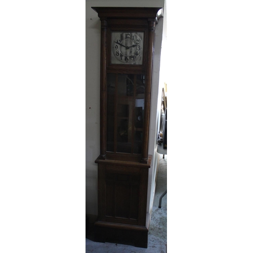 629 - C20th continental oak long case clock, glazed door and square silvered Arabic dial with twin weight ... 