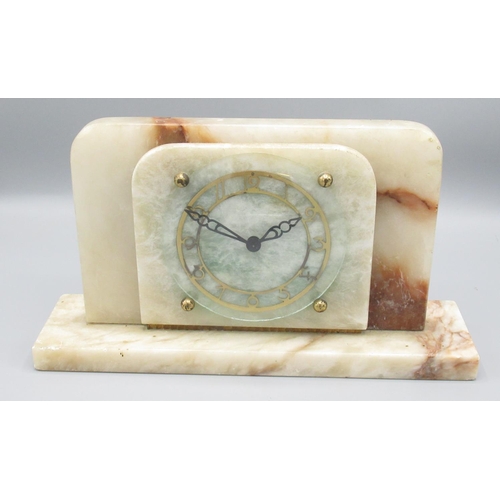 635 - Devall England - Art Deco period variegated marble mantle timepiece, skeletonised brass Arabic chapt... 