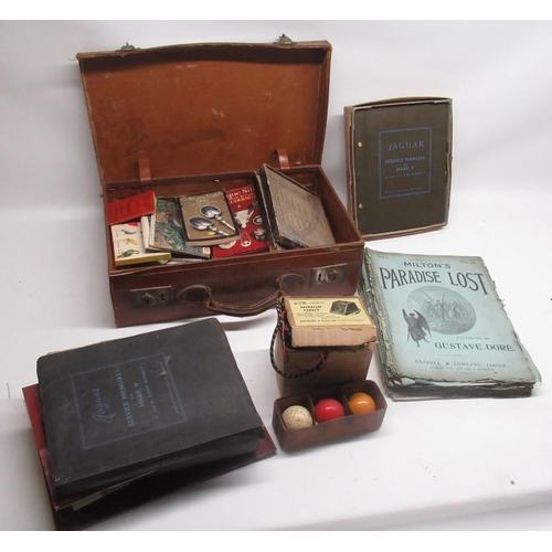 101 - Small leather case monogrammed 'MEH' containing automobilia ephemera, 13 part Miltons Paradise Lost ... 