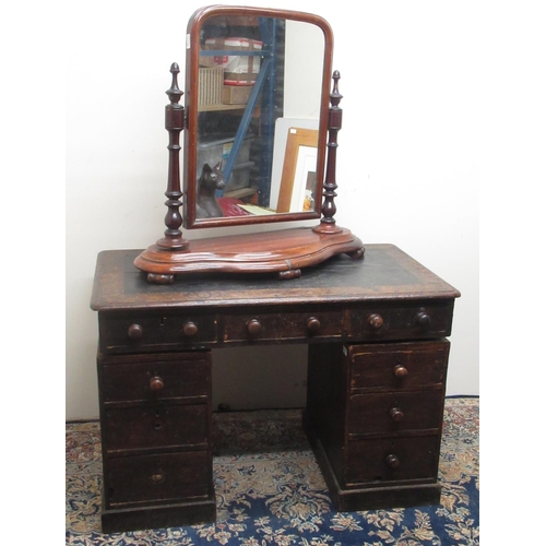 177 - Small Edwardian oak pedestal desk, inset top with three frieze and six pedestal drawers, W108cm D61c... 