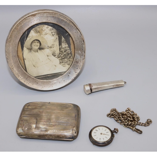 158 - Early C20th hallmarked silver circular photograph frame and a cheroot holder, hallmarks indistinct, ... 