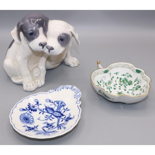 241 - Royal Copenhagen figure of two puppies, H15cm; and two small Meissen dishes (3)