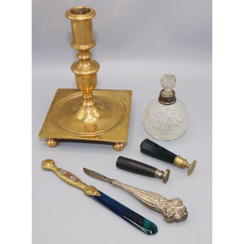 243 - Desk accessories incl. two seals, letter opener with enamel decoration, and a bladed instrument with... 