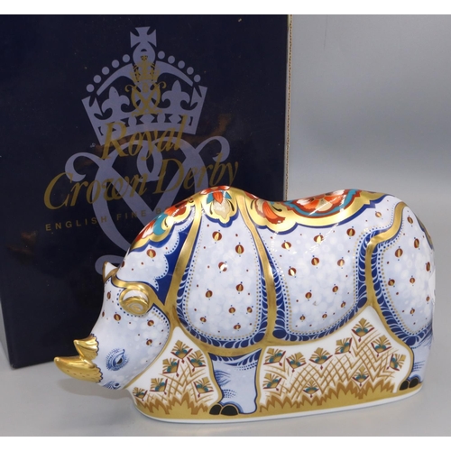 350 - Royal Crown Derby paperweight: White Rhino, issued for Sinclairs, gold stopper, with box