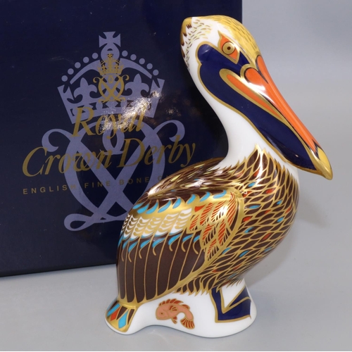 356 - Royal Crown Derby paperweight: Brown Pelican, gold stopper, with box