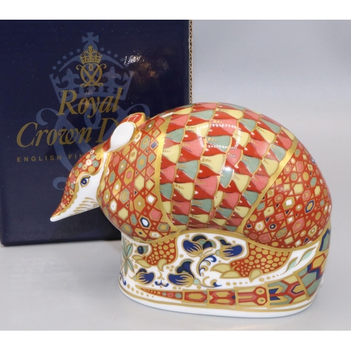 358 - Royal Crown Derby paperweight: Armadillo, gold stopper, with box