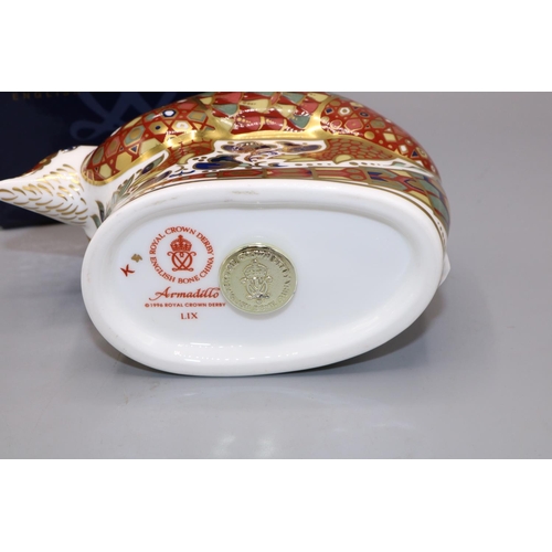 358 - Royal Crown Derby paperweight: Armadillo, gold stopper, with box