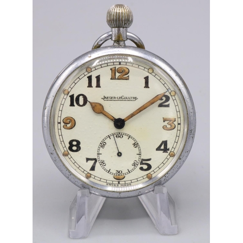 875 - Jaeger LeCoultre WWII British Military Issue chrome plated keyless open faced pocket watch, signed c... 